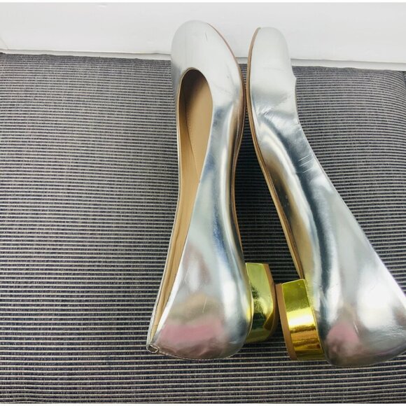 J Crew Italian womens shoes all leather flat slip on low front silver/gold heel - Picture 4 of 11